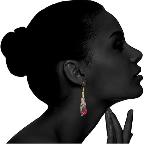 18K Yellow Gold with Natural Imperial Red Blue Jasper Stone Drop Hook Earrings